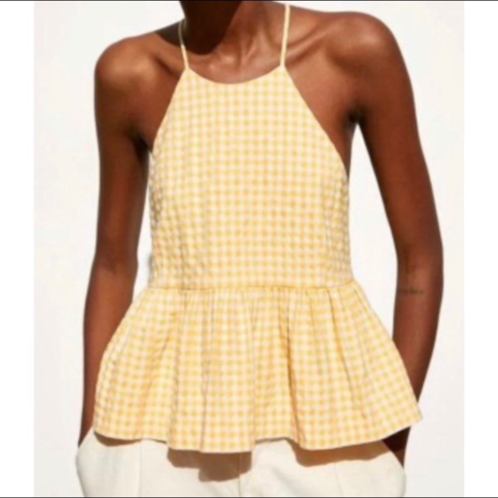 🌟 Zara Gingham Halter Tie Back Bow Plaid Peplum Tank Top Yellow 🌟